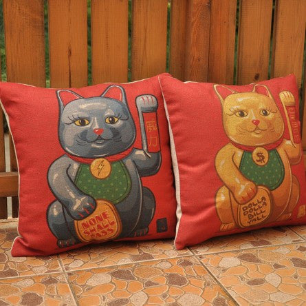 Fortune Cat Dollars Pattern Cushion Cover